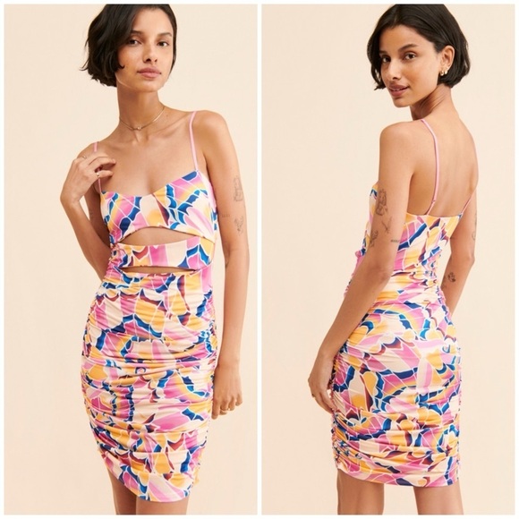 AFRM Corsica Ruched Cut Out Mini Dress in Summer Butterfly - Picture 1 of 12